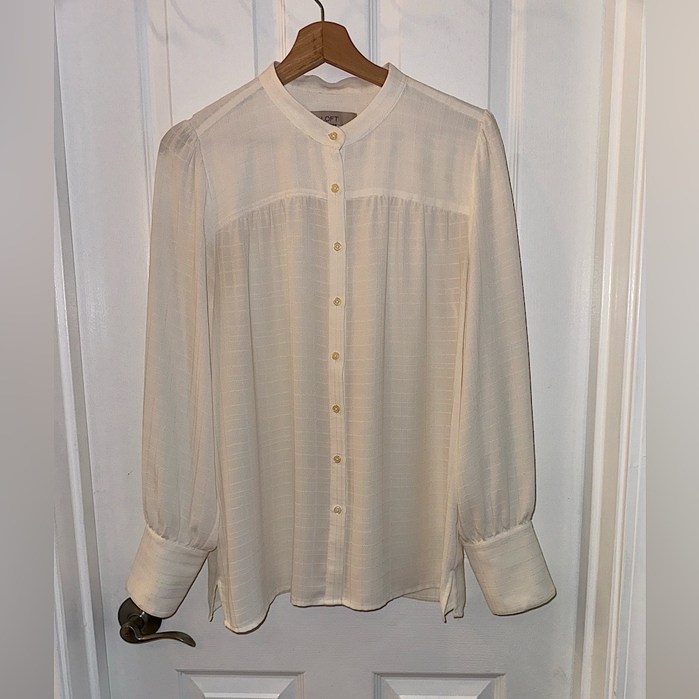 LOFT Cream Textured Grid Windowpane Boyfriend Fit Button Down Blouse